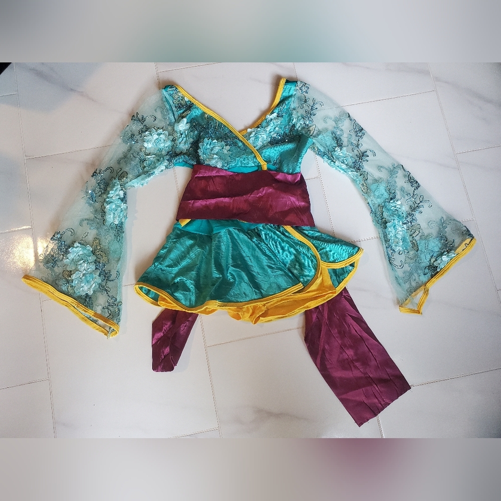 Vintage Jade Geisha Style Mesh Sleeve Floral Leotard By Curtain Call Costumes